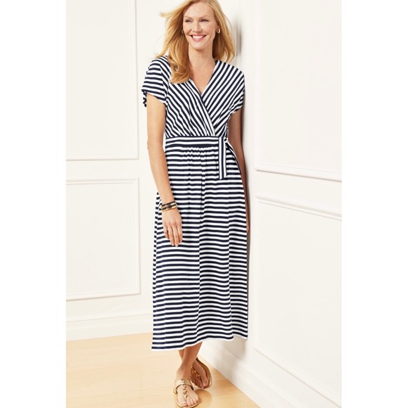Talbots Dresses & Skirts - Talbots Striped Maxi Dress Navy White Wrap V-Neck Large Petite Cotton